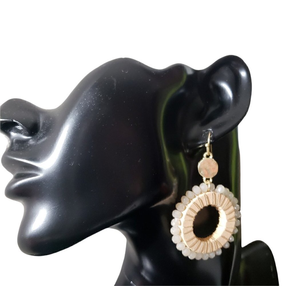 Womens Ivory Wood Glass Beaded Hoop Circle Drop Dangle French Hook Earrings